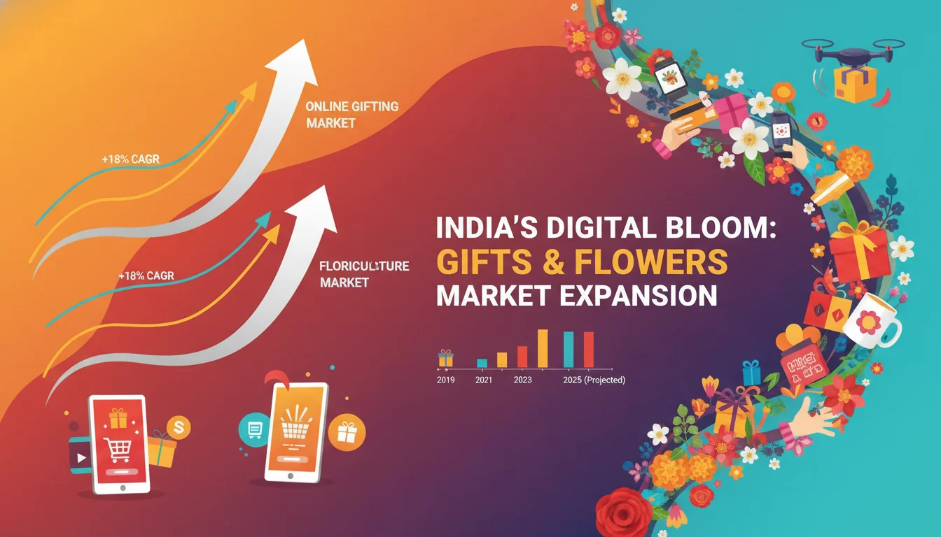 Vibrant infographic illustrating the growth of the Indian online gifting and floriculture market, showing upward-trending charts, digital devices, and a mix of traditional Indian flowers and modern gifts. Dynamic, colorful, and clearly depicting market expansion.