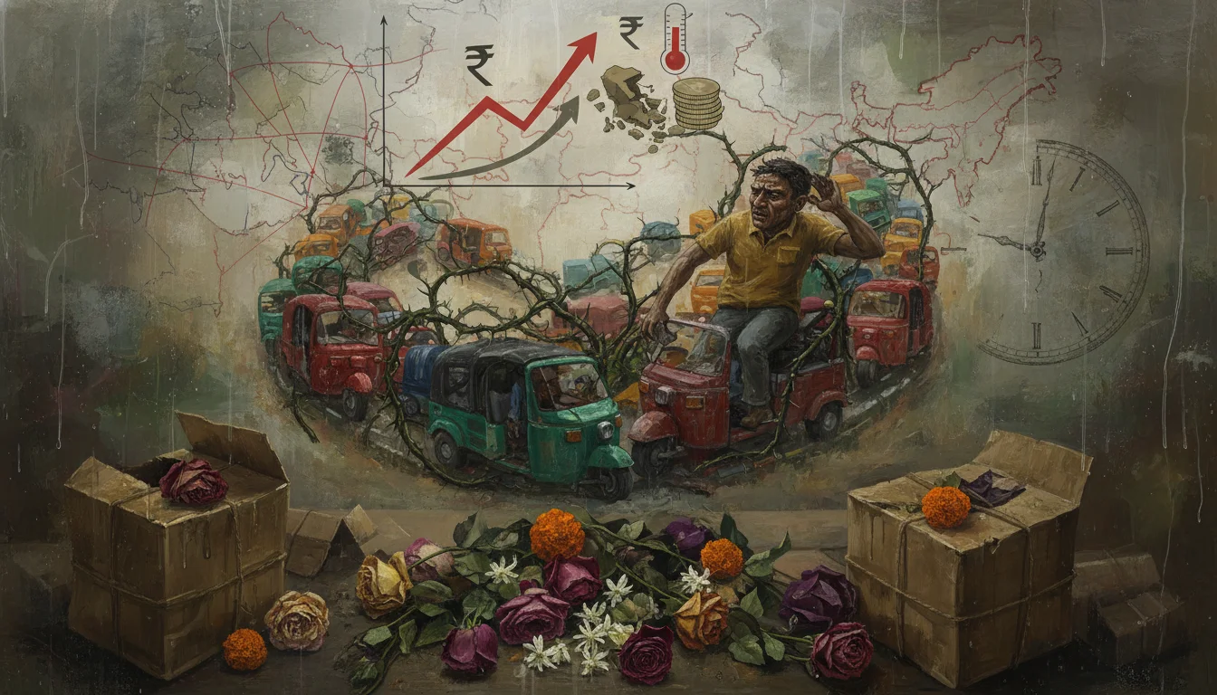 Abstract visual representation of challenges in the Indian floriculture supply chain: wilting flowers in inadequate packaging, a frustrated delivery person stuck in traffic, and symbols of rising costs. Emphasize the difficulties of perishable goods logistics in a complex market. Slightly somber, realistic style.