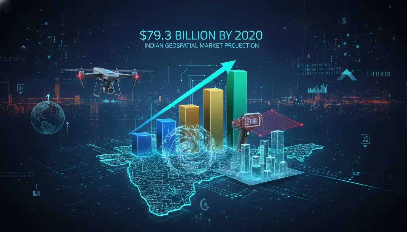 A visually striking infographic or futuristic scene depicting the rapid growth of the Indian geospatial market, with rising bar graphs and numerical projections (e.g., "$79.3 Billion by 2030") alongside imagery of advanced geospatial technologies like drones, LiDAR scanners, and 3D data visualizations over a map of India. Emphasize digital transformation and financial expansion, vibrant colors, professional, digital art.