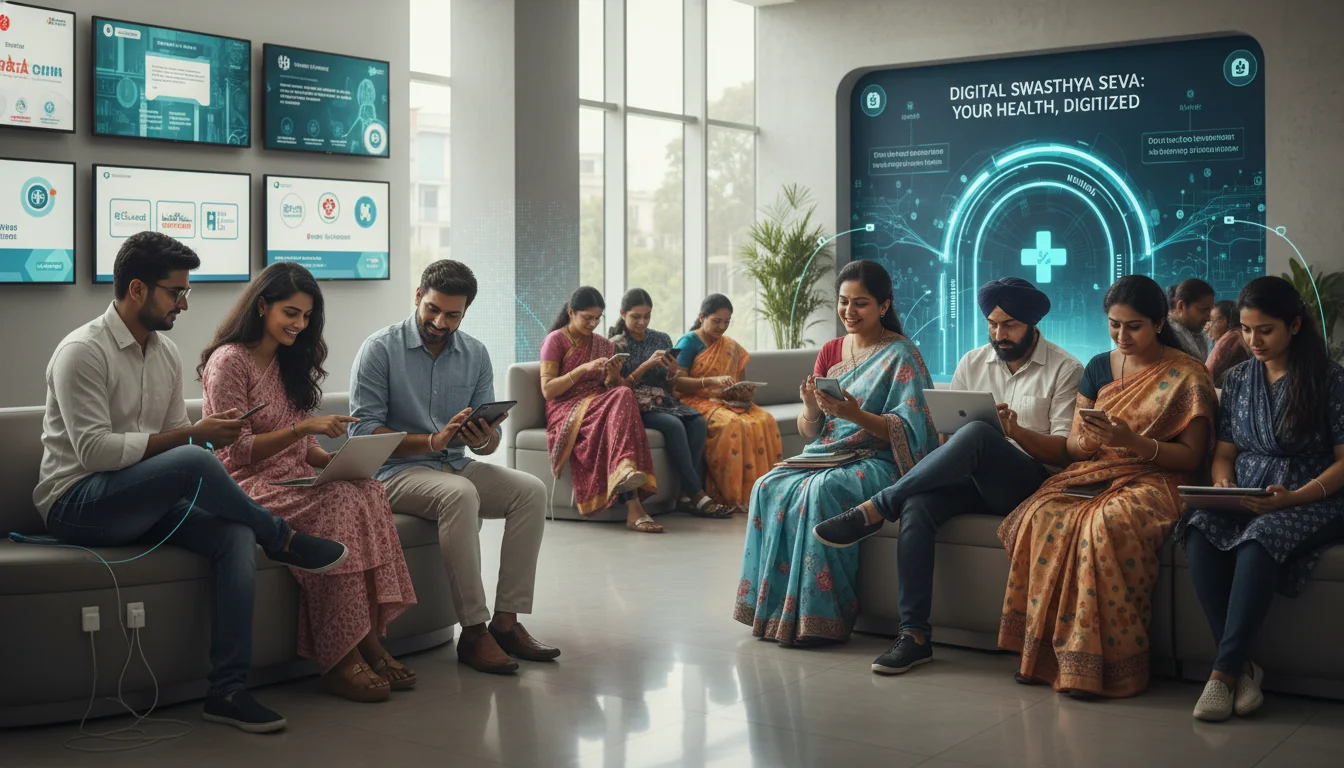A diverse group of Indian patients, including millennials and older adults, actively using smartphones and tablets to research healthcare information, book appointments, and access lab results. The scene should convey ease of digital access and a strong, seamless connection to healthcare services, reflecting the concept of the 'digital front door' in a modern Indian context.