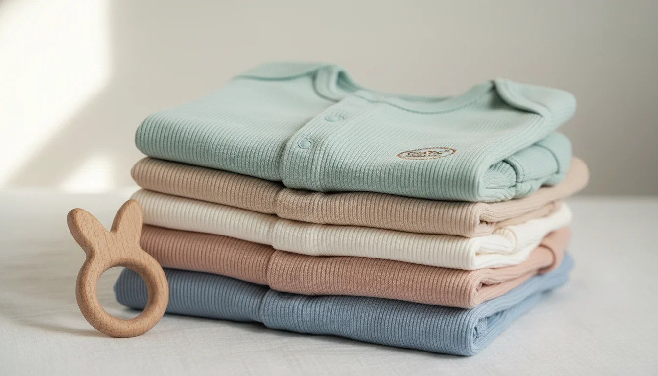 A high-resolution, minimalist close-up of a stack of folded GOTS-certified organic cotton baby clothes in soft pastel shades and neutral tones. A small, eco-friendly wooden toy sits beside the clothes. The lighting is soft and natural, emphasizing the high-quality texture and safety of the fabric.