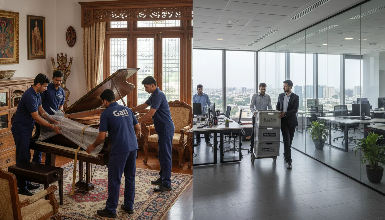 A split-screen high-resolution photo illustrating industry growth: on the left, a professional moving crew in uniforms carefully wrapping a piano in a high-end Indian residence; on the right, a corporate office relocation in a glass-walled skyscraper in Cyber City, Gurgaon, with workers moving branded crates.
