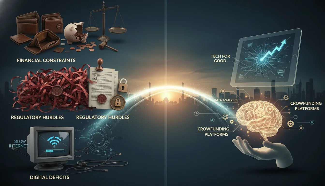 An image visually representing the key challenges faced by Indian NGOs: financial constraints (e.g., empty wallets, broken piggy banks, a scale tipped unevenly), regulatory hurdles (e.g., tangled red tape, legal documents with stern symbols), and digital deficits (e.g., outdated computers, slow internet symbols, a fragmented digital screen). The style should be serious but hopeful, showing a path to overcoming these obstacles through innovation.