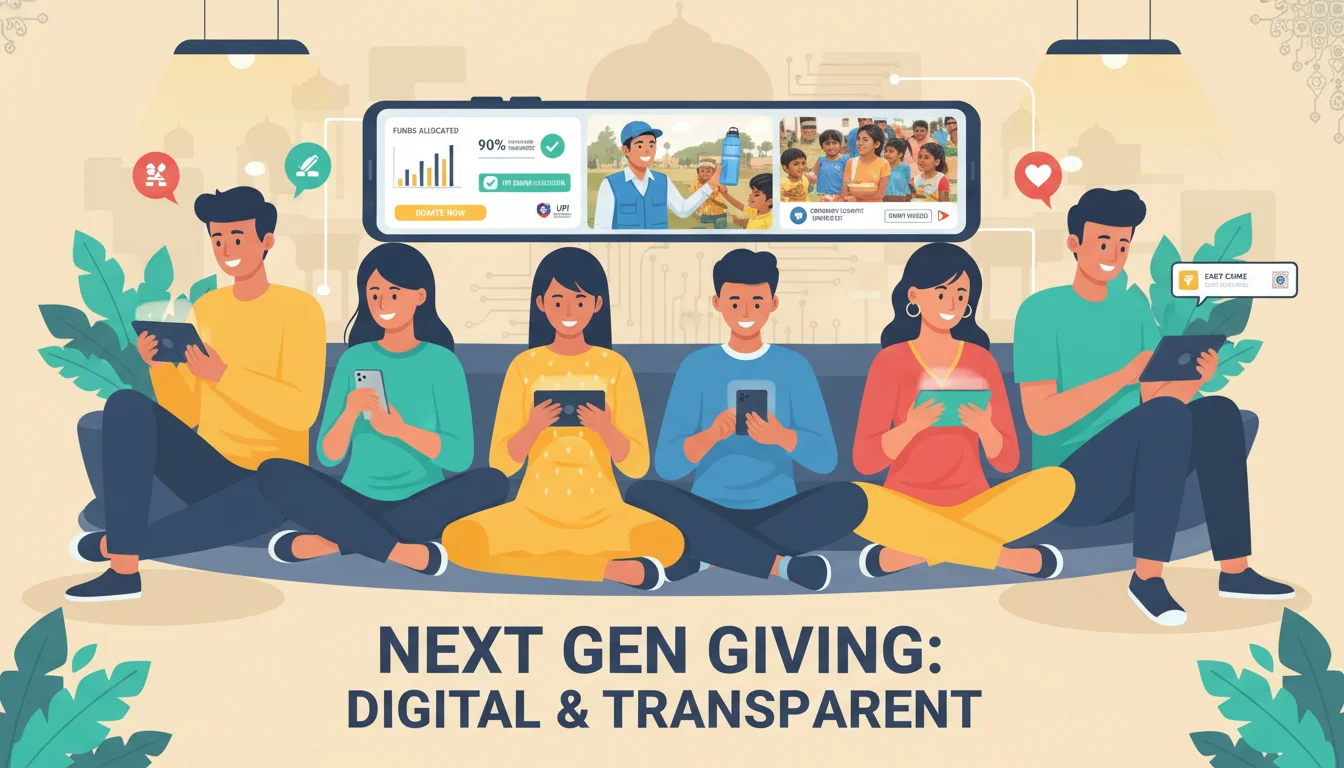 A vibrant illustration showing diverse Indian 'Next Gen' retail donors (Millennials & Gen Z) actively engaging with digital content on smartphones and tablets. The content on their screens should visually represent NGO impact, like a small graphic of funds being allocated transparently, a field worker interacting with a community, or a short, impactful video clip playing. Emphasize mobile-first design, transparency, and the ease of digital giving via UPI.