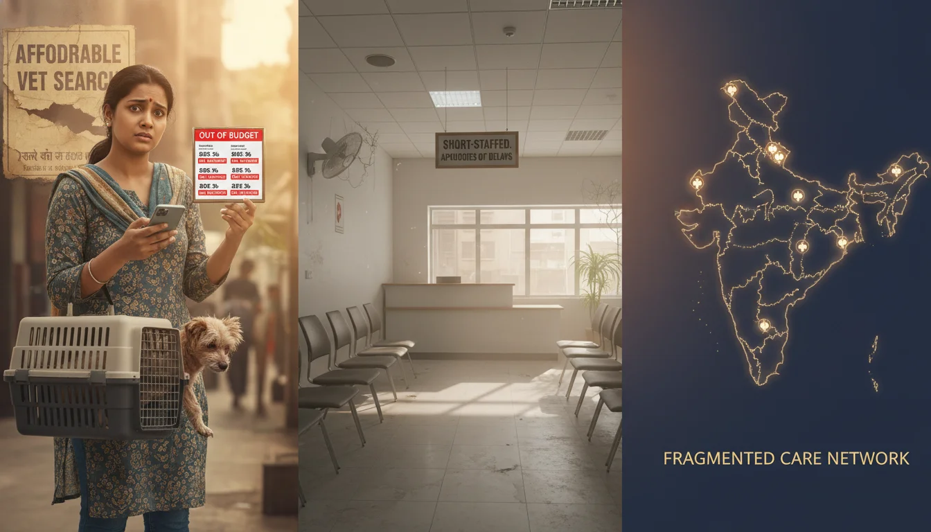 A visually impactful image depicting challenges in the Indian pet care industry: a frustrated pet owner struggling to find an affordable vet, an empty clinic waiting room suggesting labor shortage, and a fragmented map of India showing isolated clinics. Use subtle, warm Indian colors, professional photography style, reflecting a blend of urban Indian context with the stress of pet care challenges.