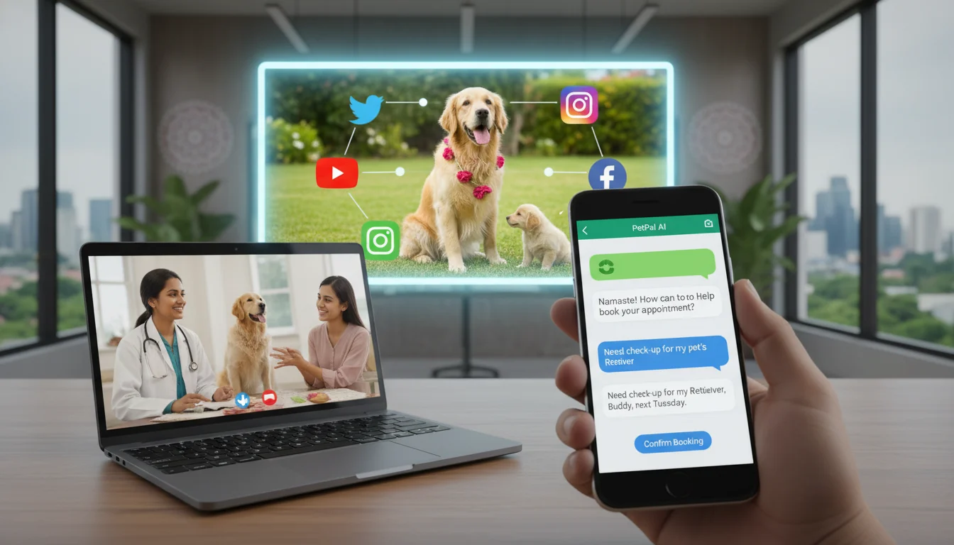 A modern, dynamic image illustrating digital marketing solutions for pet care: a smartphone displaying a chat interface with a pet owner interacting with an AI chatbot for booking, a laptop showing a veterinarian conducting a telemedicine consultation with a pet, and social media icons integrated with a vibrant image of a happy pet. Reflect a professional, efficient, and caring atmosphere in an Indian context.