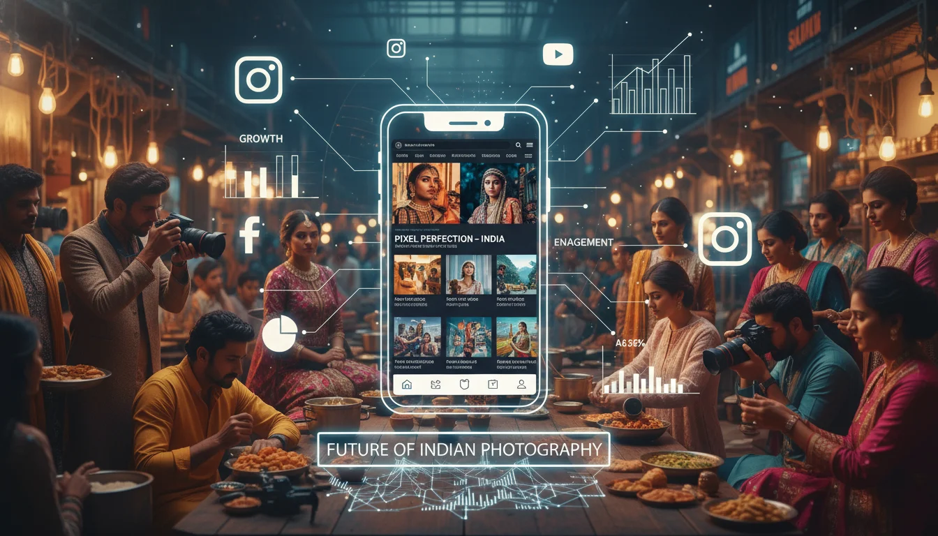 A vibrant, modern Indian setting with photographers actively capturing moments, overlaid with digital marketing elements like social media icons, analytics graphs, and a smartphone screen displaying photography portfolios. Focus on growth and technology integration in the Indian photography industry, dynamic and professional.