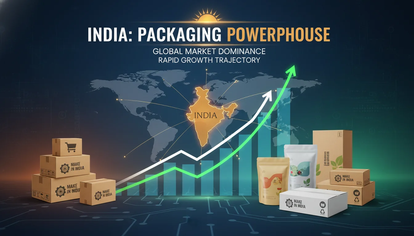 Visualize the rapid growth and market dominance of the Indian packaging industry. Show a modern, vibrant graphic with upward-trending financial charts, diverse packaging types (e-commerce boxes, flexible pouches, sustainable paper packaging), and elements signifying 'Make in India' and global market leadership. Include a subtle representation of India on a world map.