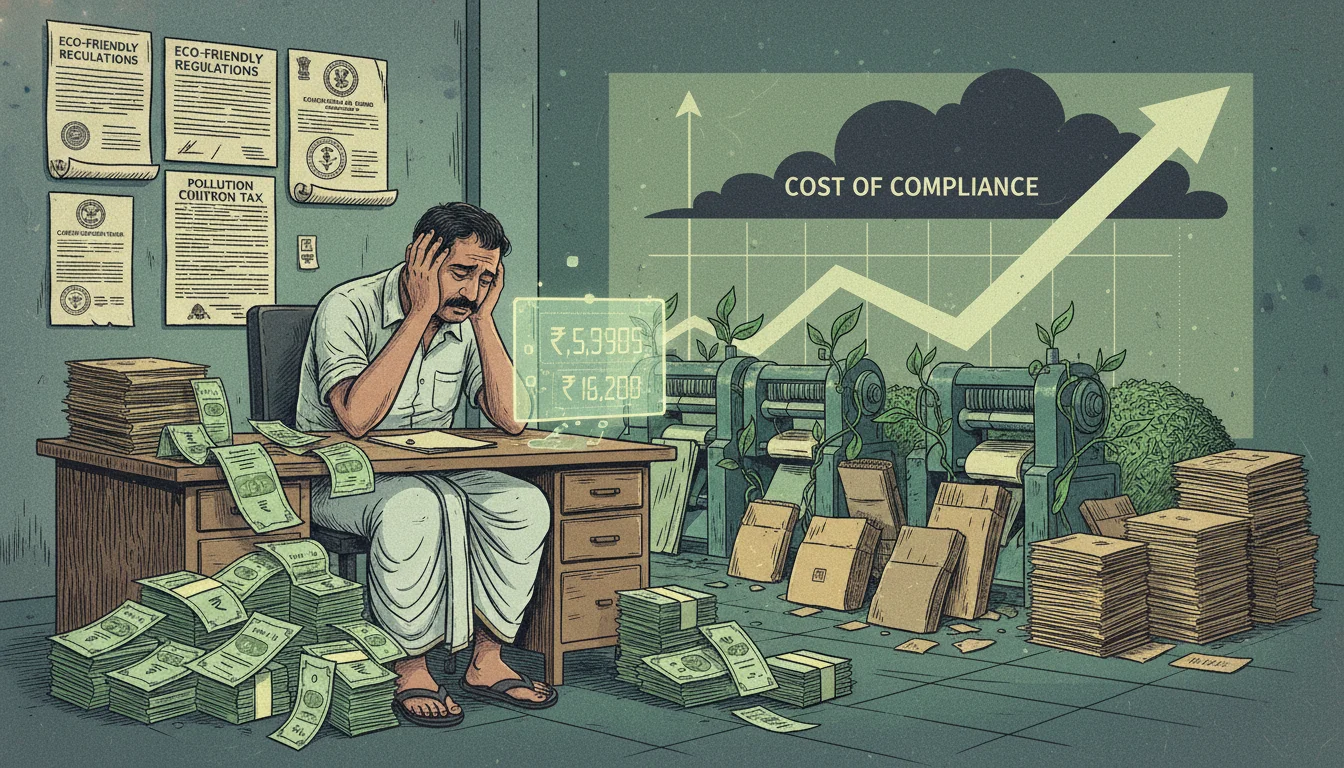 An illustration depicting the financial strain and high capital expenditure faced by Indian MSMEs (Micro, Small, and Medium Enterprises) in the printing and packaging sector due to sustainability mandates. Show a small factory or business owner looking overwhelmed by large bills or investment figures, with elements representing eco-friendly initiatives (e.g., green leaves, recycled materials) and regulatory documents in the background, conveying the cost of compliance.