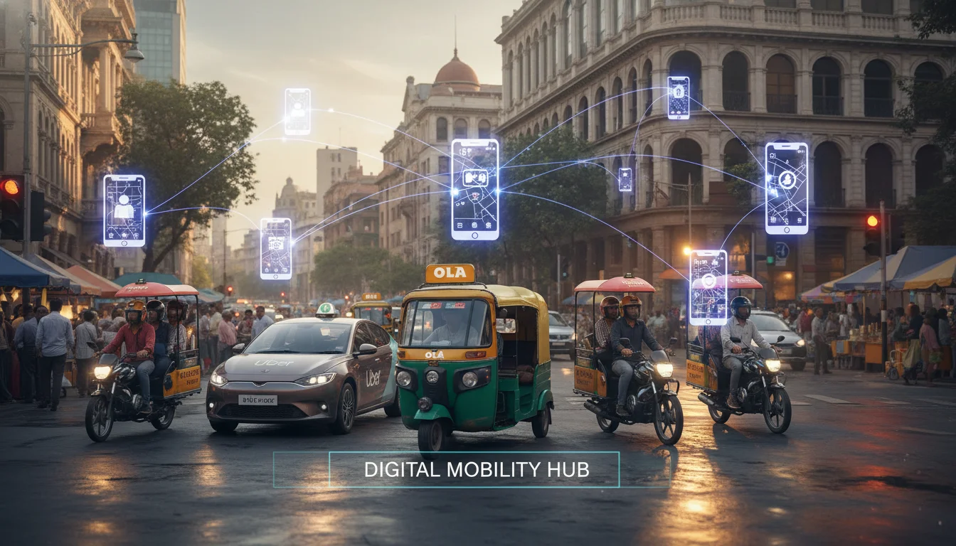 Vibrant Indian city street scene with various ride-hailing vehicles (auto-rickshaw, bike-taxi, electric car) in motion, overlaid with subtle digital network lines and smartphone icons, representing a dynamic digital marketing ecosystem. Focus on modern urban transport and technology integration.