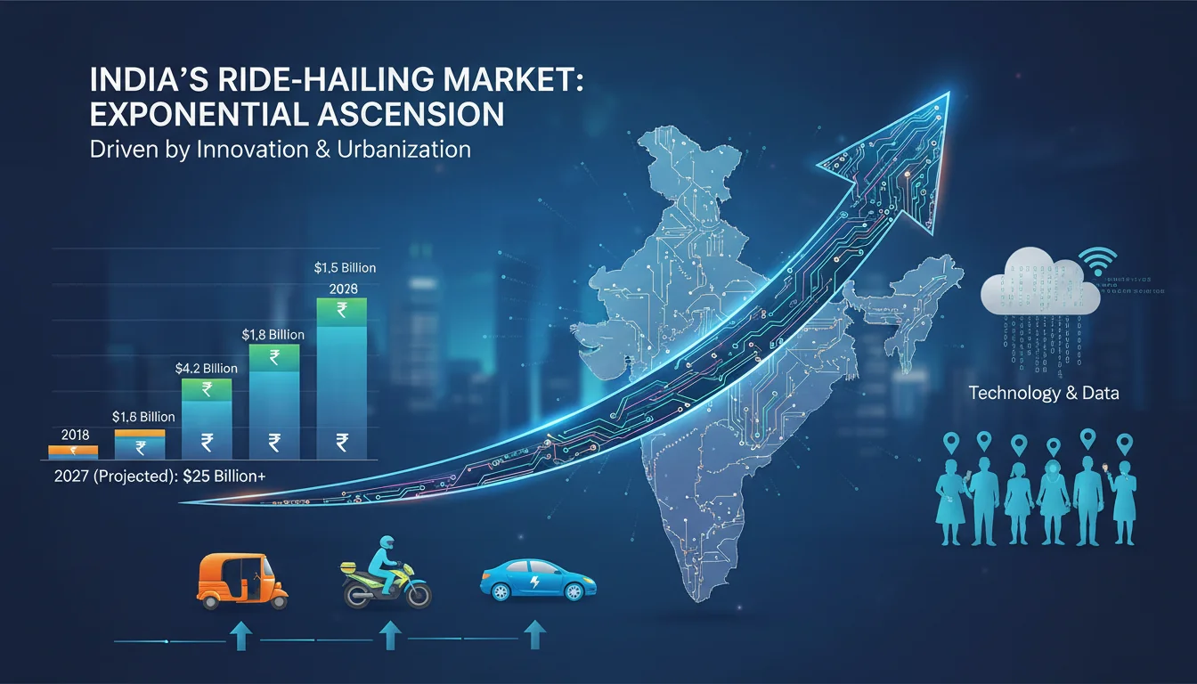 Dynamic infographic illustrating the exponential growth of the Indian ride-hailing market, showing rising financial figures and diverse vehicle types like auto-rickshaws, bike-taxis, and electric cars. Incorporate subtle elements of technology, data, and urban landscapes.