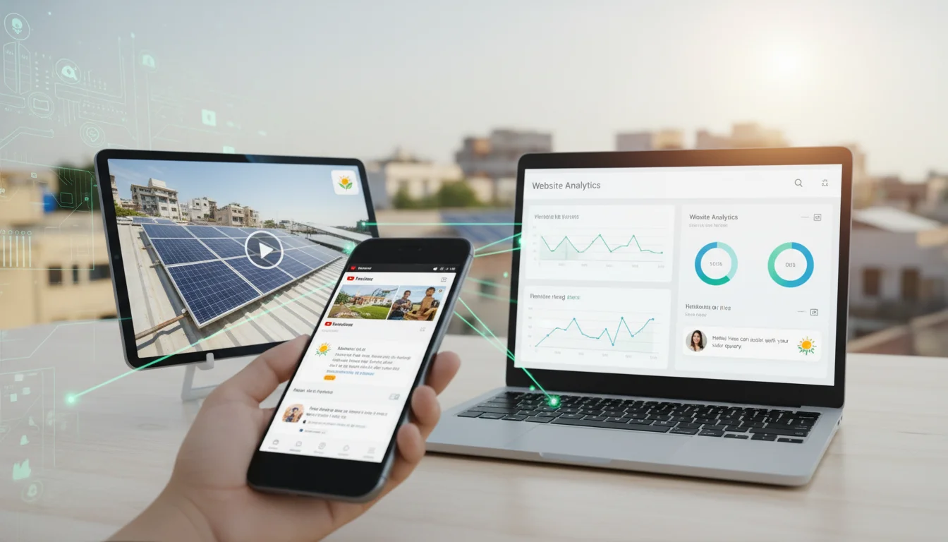 A visually engaging image illustrating the multi-channel digital marketing landscape for solar companies in India. Include elements like a smartphone displaying social media feeds (YouTube, Instagram), a laptop showing website analytics and AI chatbots, and a tablet with a video playing. Subtle solar panel motifs or green energy symbols can be integrated into the digital interfaces. Emphasize connectivity and modern tech.