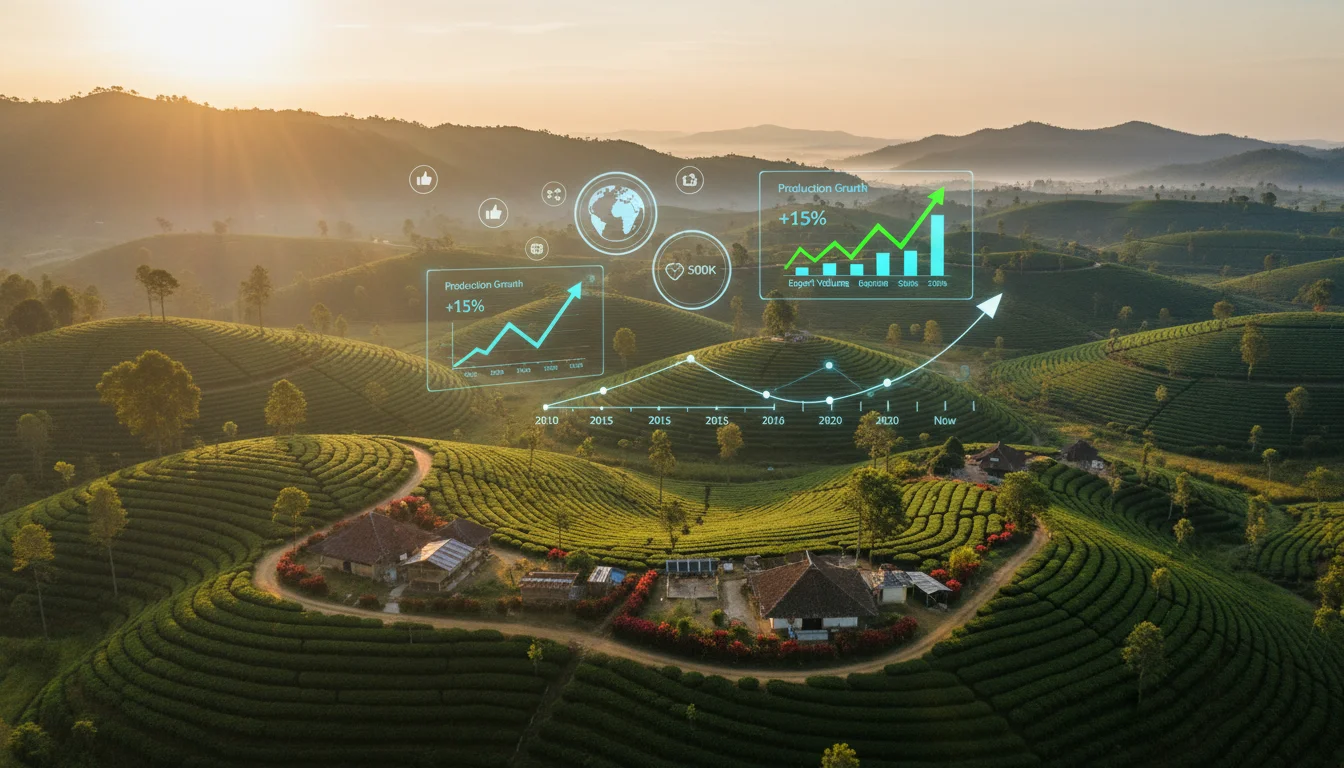 A vibrant, panoramic view of lush Indian tea plantations and coffee estates, with subtle digital overlay elements like analytics dashboards and social media icons floating above. Emphasize growth and modernization in the Indian beverage sector. Warm, inviting tones.