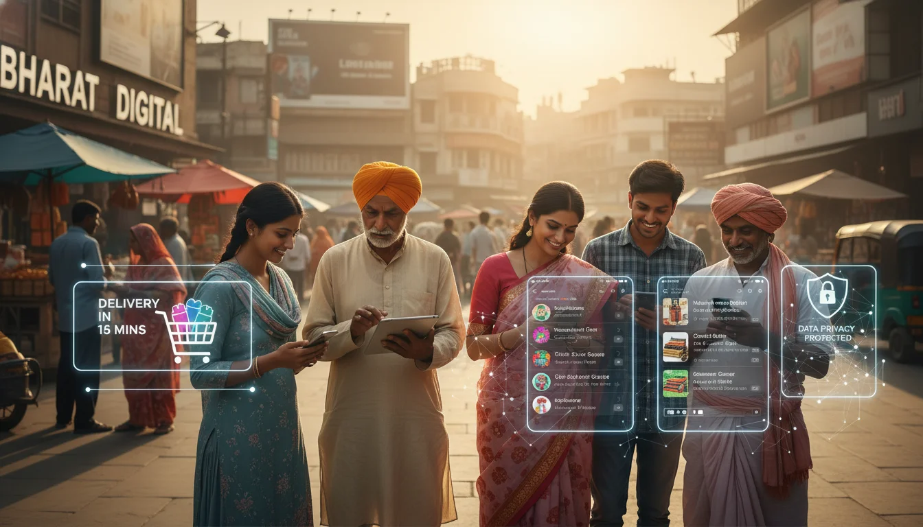 A visually rich image illustrating the diverse digital consumer behavior in India. Elements should include smartphones displaying quick commerce apps, social media feeds in various Indian languages, subtle representations of AI recommendations, and a diverse group of Indian people engaging with technology, emphasizing both rapid adoption and the need for trust and data privacy. The 'Bharat' demographic should be subtly represented.