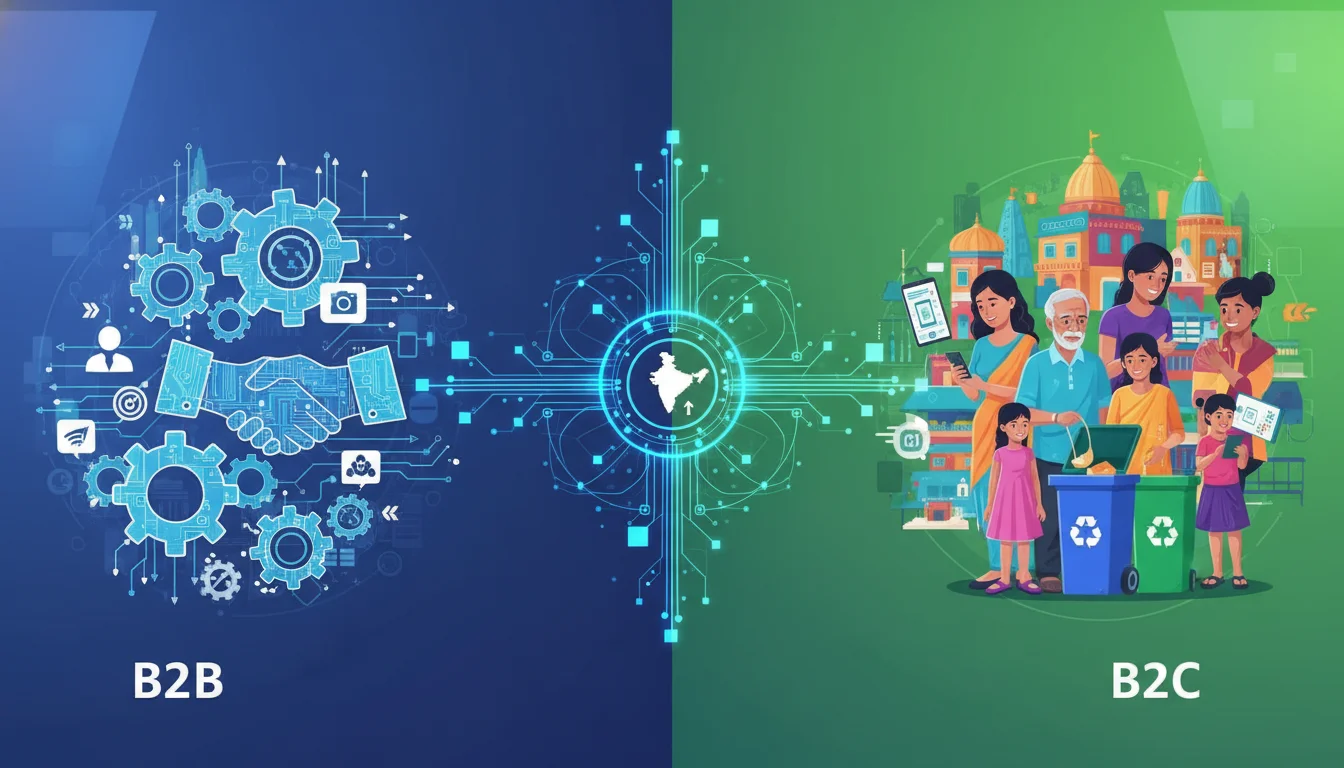 An abstract visual representation of a bifurcated digital marketing strategy for waste management in India. On one side (B2B), depict interconnected gears, data flow, and professional hands shaking, symbolizing corporate partnerships and efficiency. On the other side (B2C), show diverse Indian people interacting with recycling bins or digital devices for waste pickup, with vibrant community elements. A central digital network or line connects these two sides, symbolizing a unified strategy. Modern, tech-focused design.