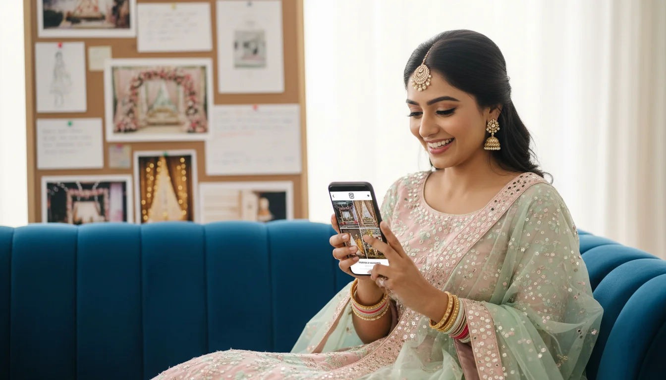 A modern Indian bride in a stylish pastel lehenga sitting on a velvet sofa, smiling while looking at her smartphone. The phone screen shows a stylized 'Instagram' interface with beautiful wedding decor reels. In the background, a soft-focus vision of a wedding mood board. High-quality, bright, lifestyle photography.
