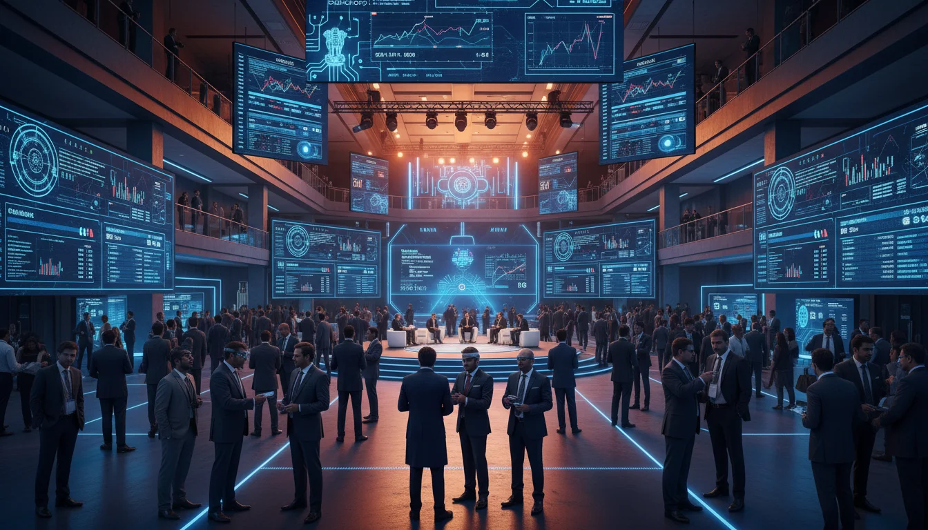 A wide-angle photorealistic shot of a massive, high-tech Indian convention center during a global summit, featuring vibrant orange and blue ambient lighting, giant 4K screens showing financial charts, and professionals in business attire interacting, high resolution, 8k.