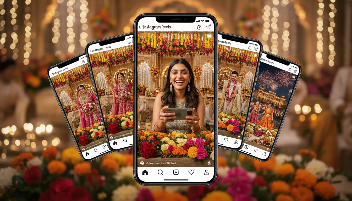 A visually stunning collage of smartphone screens showing an Indian millennial woman using Instagram Reels to view a luxury wedding set in Jaipur, vibrant floral colors, bokeh background of a wedding venue, cinematic lighting, high-quality digital photography.