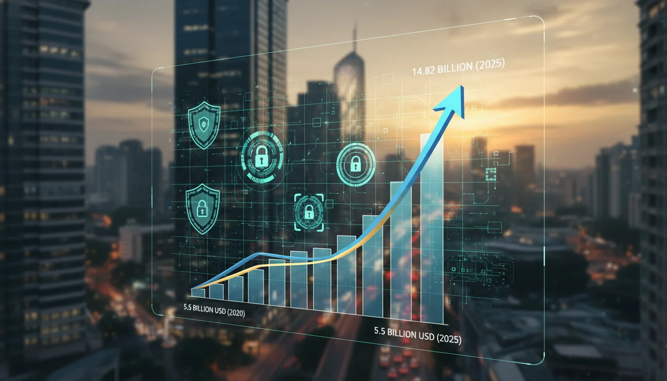 An analytical data dashboard displaying a 3D growth chart of the Indian security market rising from 5.5 billion to 14.82 billion dollars, with translucent overlays of security badges and digital circuitry, set against a blurred background of a modern Indian business district at dusk.
