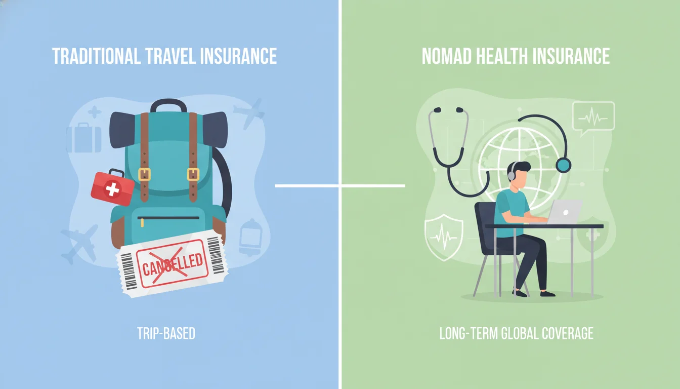 A split image illustrating the difference between traditional travel insurance and nomad health insurance. One side shows a backpack with a small first-aid kit and a cancelled flight ticket, representing trip-based travel insurance. The other side shows a digital nomad at a desk using a laptop, with a doctor's stethoscope and a globe in the background, symbolizing comprehensive, long-term nomad health insurance. Use clean, modern iconography.