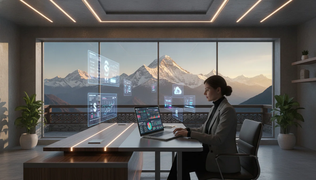 A modern workspace in Kathmandu featuring a professional using a laptop with business dashboards, digital icons of software tools floating in the air, a view of Himalayan peaks through the window, high-tech aesthetic, 4k, professional photography style.