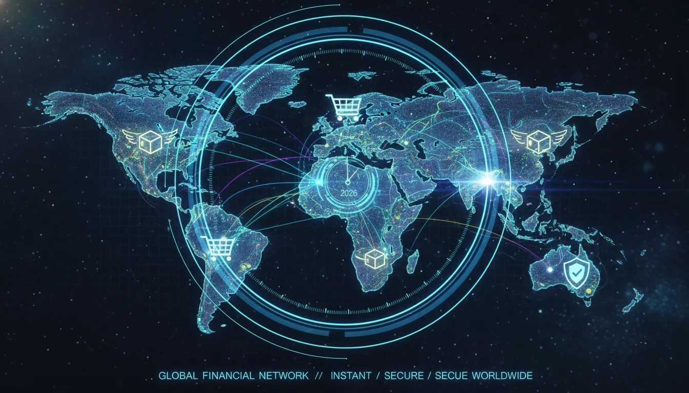 A futuristic global map with interconnected lines representing digital payment flows, overlaid with icons symbolizing e-commerce, dropshipping packages, and secure transactions. Bright, tech-driven aesthetic, emphasizing speed and security for 2026.