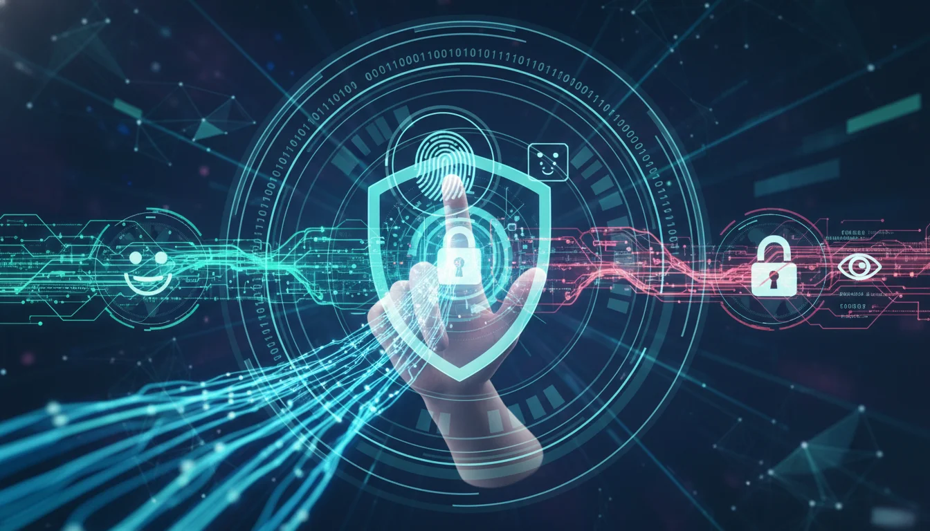 Conceptual image showing a seamless digital payment flow with biometric authentication (e.g., fingerprint or face ID icon) interacting with a secure payment gateway represented by data flowing rapidly and securely. Emphasize speed, security, and the balance between user experience and fraud prevention. Futuristic, tech-driven aesthetic.