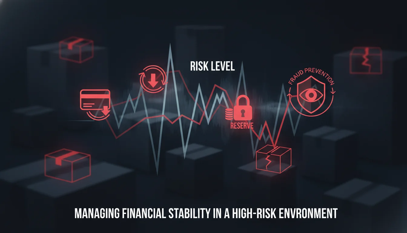 Abstract representation of financial risk management for dropshipping. Visual elements include a graph showing fluctuating 'risk' levels, intertwined with icons of chargebacks, payment holds (reserves), and a shield symbolizing fraud prevention. A subtle background of e-commerce packages, with some highlighted in red to denote issues. Emphasize the challenge of managing financial stability in a high-risk environment. Darker, more serious tone.