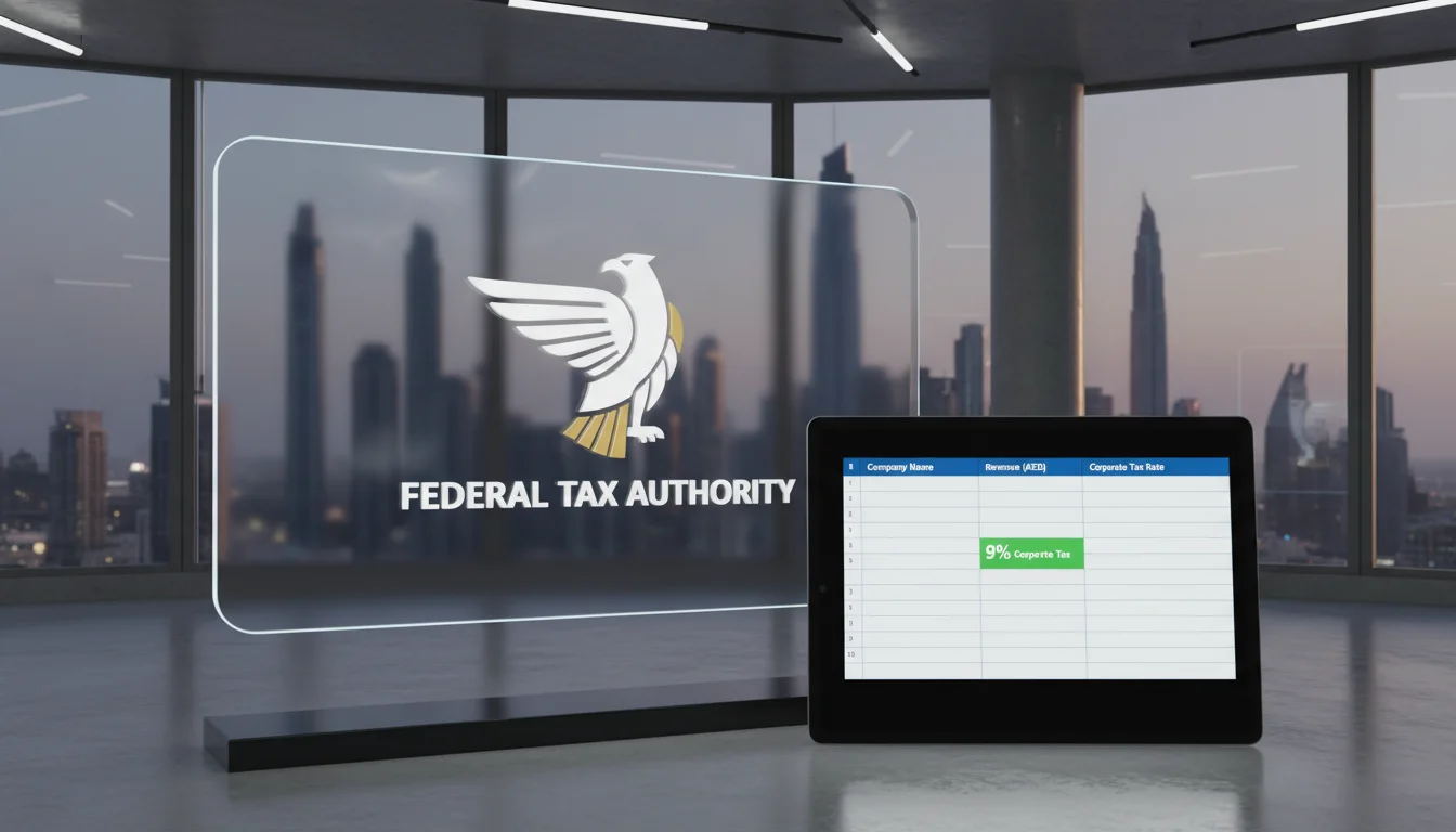 A sophisticated digital 3D visualization of the United Arab Emirates Federal Tax Authority (FTA) logo displayed on a high-tech glass screen in a modern Dubai financial office. Next to the screen, a digital tablet shows a clean spreadsheet with the '9% Corporate Tax' figure highlighted. Soft ambient office lighting, professional and corporate atmosphere.