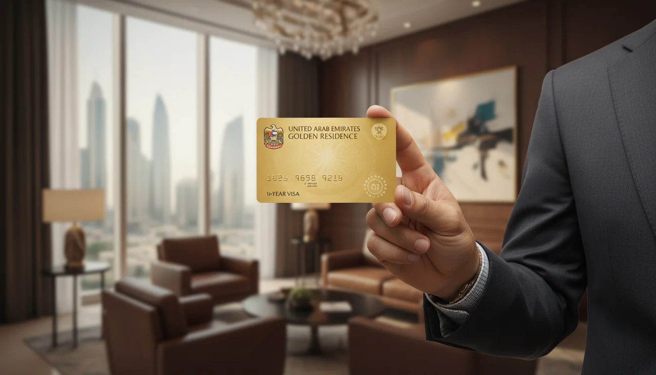 A close-up, high-end photograph of a 10-year UAE Golden Visa card being held by a professional in a tailored suit. The background is a blurred, luxury interior of a corporate law firm in the DIFC district of Dubai. The lighting is warm and prestigious, emphasizing the 'Golden Visa' text and the gold eagle emblem.