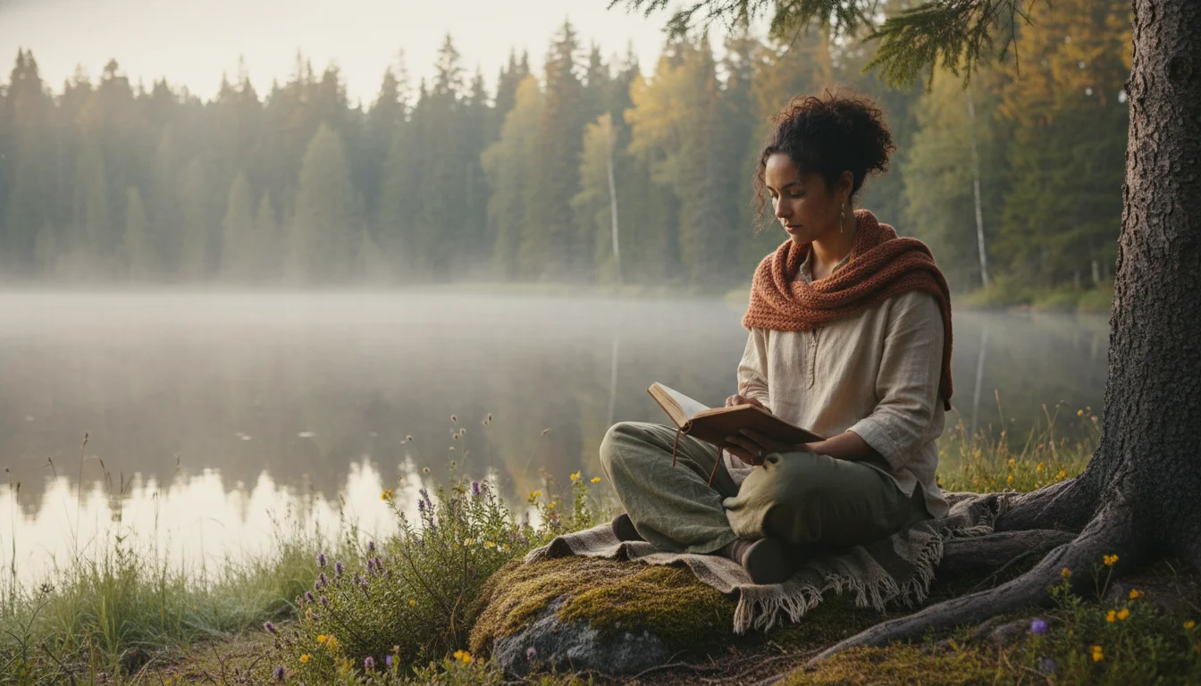 A diverse person in a serene off-grid natural setting (e.g., misty forest, by a quiet lake, or on a mountain vista), engaged in a mindful activity like journaling, quiet observation, or gentle stretching. The image should convey authenticity, a deep connection to the environment, and a sense of peaceful introspection, without being overly posed or commercial. Focus on natural light and earthy tones.