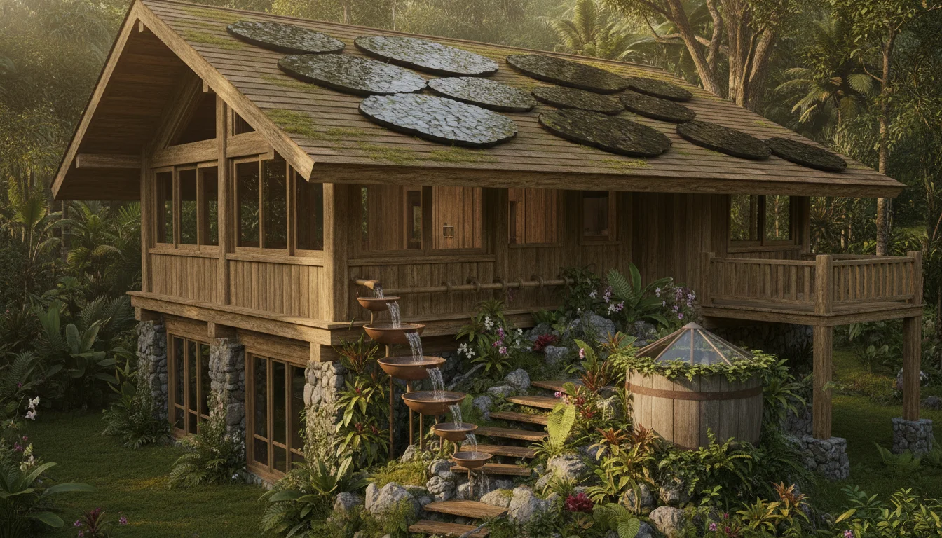 An aesthetically pleasing shot of an eco-resort's sustainable infrastructure, such as solar panels seamlessly integrated onto a rustic cabin's wooden roof, or a stylish rainwater catchment system surrounded by lush, indigenous plant life. The image should highlight sustainable design and self-sufficiency, showing technology in harmony with nature, with soft lighting and natural textures to avoid an industrial feel.
