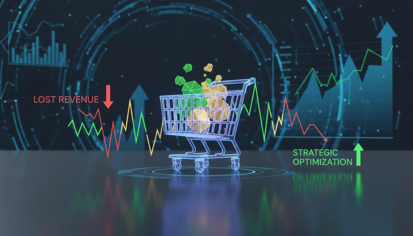 A solitary digital shopping cart left half-filled on a sleek, futuristic e-commerce interface, surrounded by a backdrop of rising and falling data charts and arrows, symbolizing both lost revenue and potential recovery through strategic optimization. Modern, conceptual, high-tech aesthetic.