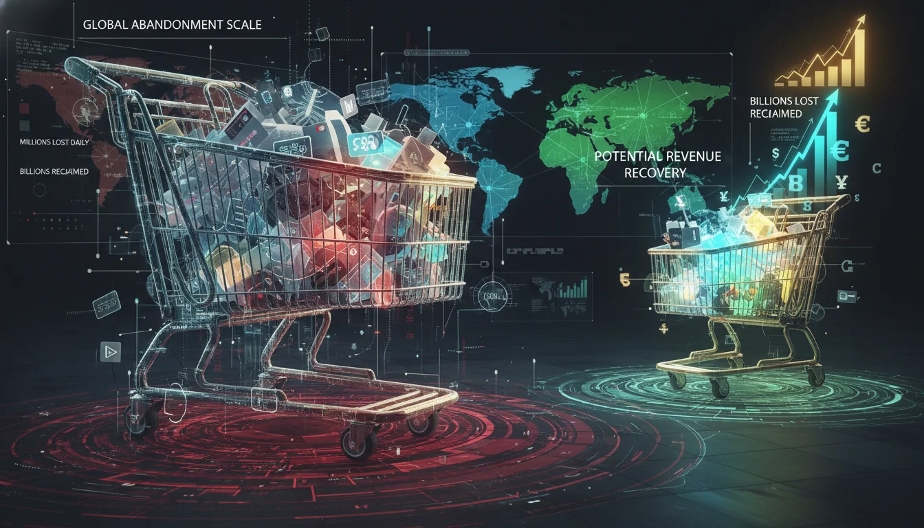 A conceptual image illustrating the vast scale of abandoned e-commerce carts globally and the significant potential for revenue recovery. Show a large, abstract digital shopping cart overflowing with discarded items, with a contrasting smaller, vibrant section where items are being successfully recovered and converted into revenue, perhaps with upward trend lines. Futuristic, data-driven aesthetic.
