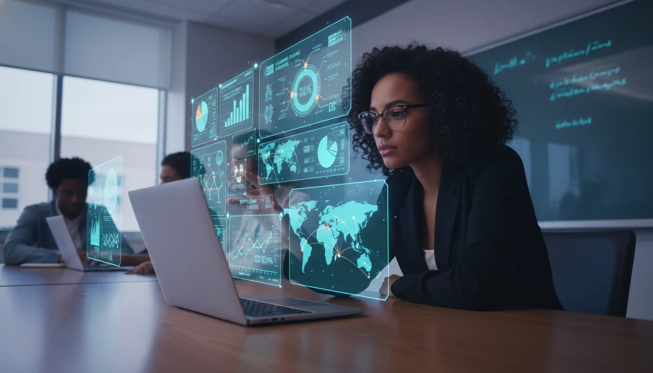 A cinematic visualization of a college student interacting with a complex digital dashboard showing e-commerce analytics and supply chain maps. 3D holographic data elements floating above a laptop screen in a modern classroom. Photorealistic, professional educational setting.