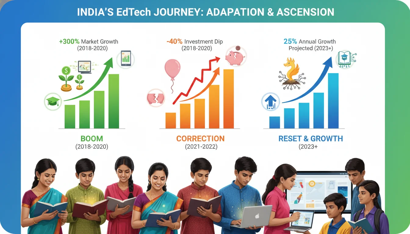 A dynamic infographic illustrating the growth and shifts in the Indian education technology market, showing data charts, upward trends, and elements representing 'Boom', 'Correction', and 'Reset & Growth' phases, with diverse students from India using both traditional books and modern digital learning tools, bright colors, clear data visualization.
