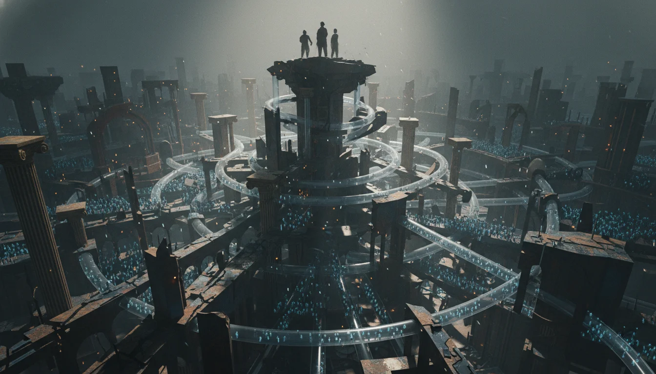 An abstract representation of power concentration: a small group of silhouetted figures overlooking a vast, complex democratic structure or crowd below, with subtle hints of institutional decay. Emphasize a somber, analytical tone.