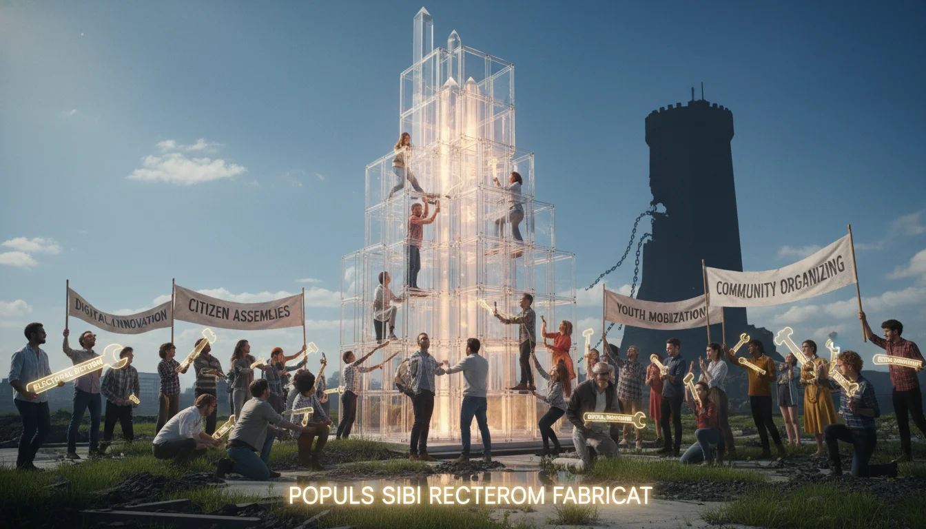 An inspiring and hopeful depiction of grassroots democratic action: diverse people from different backgrounds collaboratively building a sturdy, transparent structure of governance with various tools (representing reforms, innovations, and mobilization), symbolizing the reclaiming of democratic power from an unseen, oppressive force. Focus on community, collaboration, and resilience.