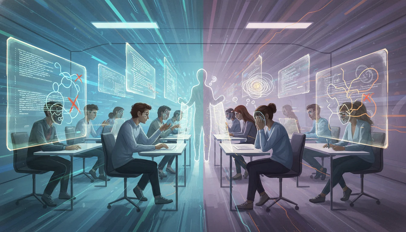 An abstract depiction of diverse IT students in a modern classroom, some appearing confident and engaged with complex code on screens, others looking overwhelmed or frustrated, representing the bimodal distribution of skill levels and imposter syndrome. Focus on contrasting emotions and engagement levels.
