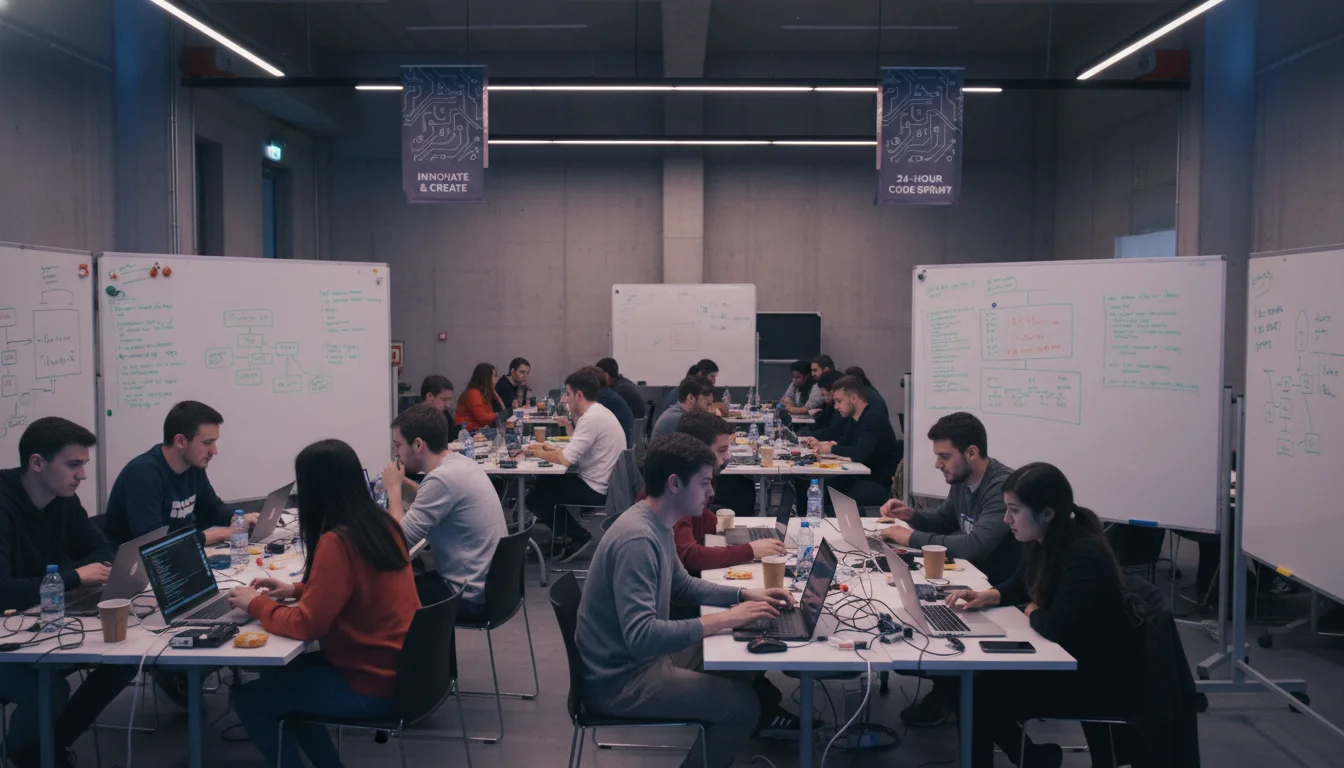 A vibrant and energetic hackathon scene, with small, diverse teams of IT students actively collaborating around tables. Laptops open, whiteboards covered in ideas and code, showing intense focus, teamwork, and the excitement of rapid prototyping and problem-solving. Modern tech aesthetic, possibly with subtle glow from screens.