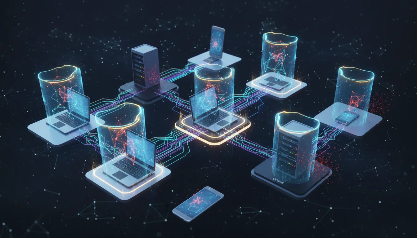 An abstract visual representing diverse digital endpoints (laptops, smartphones, servers) in a distributed, remote work environment, each protected by an invisible, intelligent shield or a glowing force field. Show data streams flowing securely, and subtle hints of an autonomous AI agent actively monitoring and neutralizing threats at the edge, even in an 'offline' state. Focus on the concept of robust, continuous, and lightweight protection.