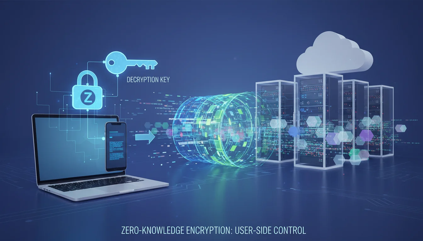 Visualize the concept of zero-knowledge encryption. Show a user's device (e.g., laptop or mobile phone) with a glowing, secure padlock icon. Data flows from this device through an encrypted, intricate tunnel to a cloud server. Emphasize that the server is merely storing encrypted, unreadable data, represented perhaps as scrambled or pixelated text or abstract data blocks within server racks, while the decryption key clearly remains on the user's local device. The aesthetic should be modern, clean, and professional, highlighting secure data flow and user-side control.