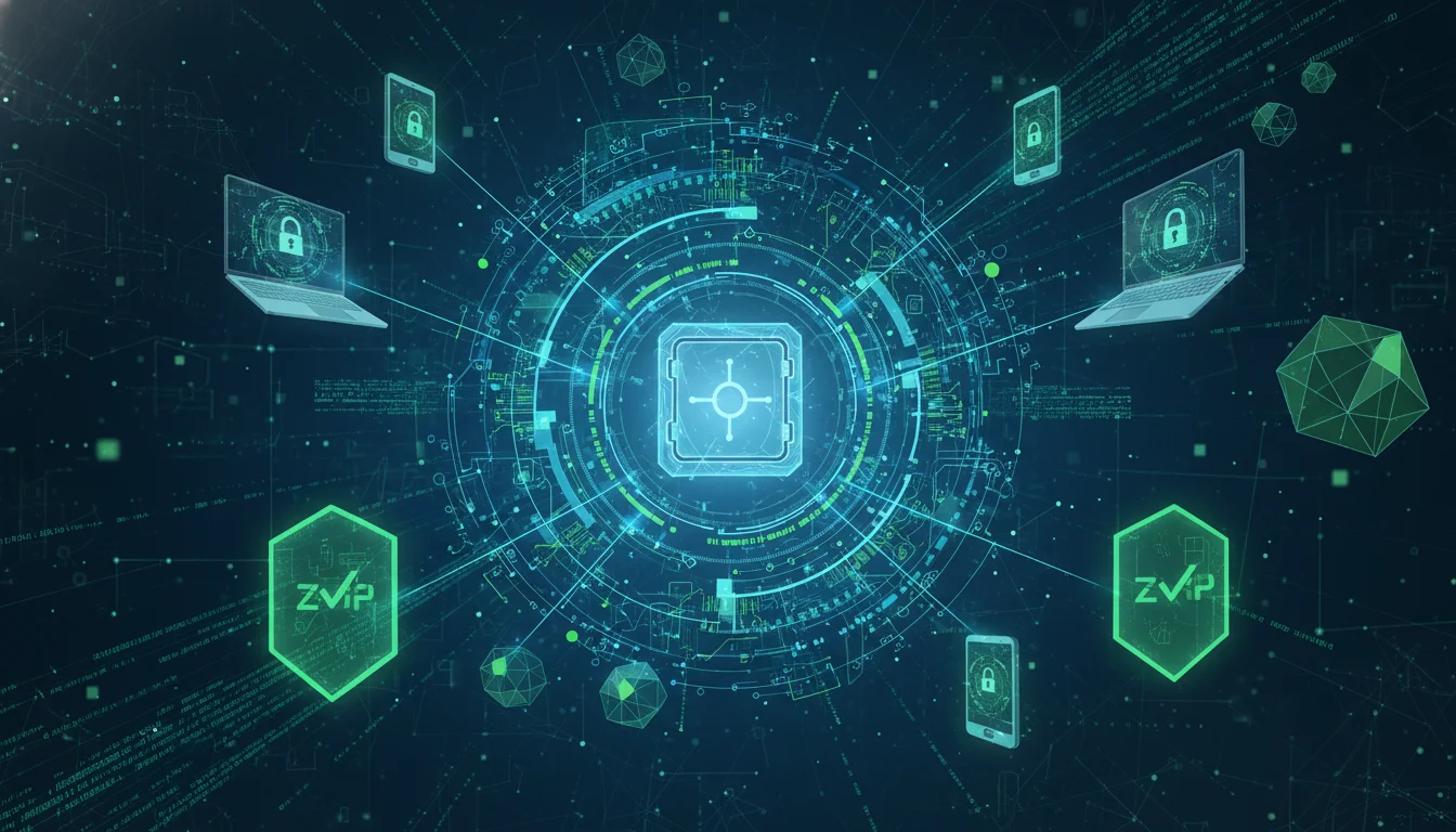 An abstract, futuristic illustration representing zero-knowledge cryptography. A glowing digital vault icon is at the center, surrounded by layers of interconnected, complex mathematical symbols and encrypted data packets. Lines extend from the vault to several decentralized user devices (laptops, smartphones), with green shields indicating local, client-side encryption. The overall tone is secure, complex, and high-tech, emphasizing data privacy and protection without centralized access. Dark blue and green color palette.