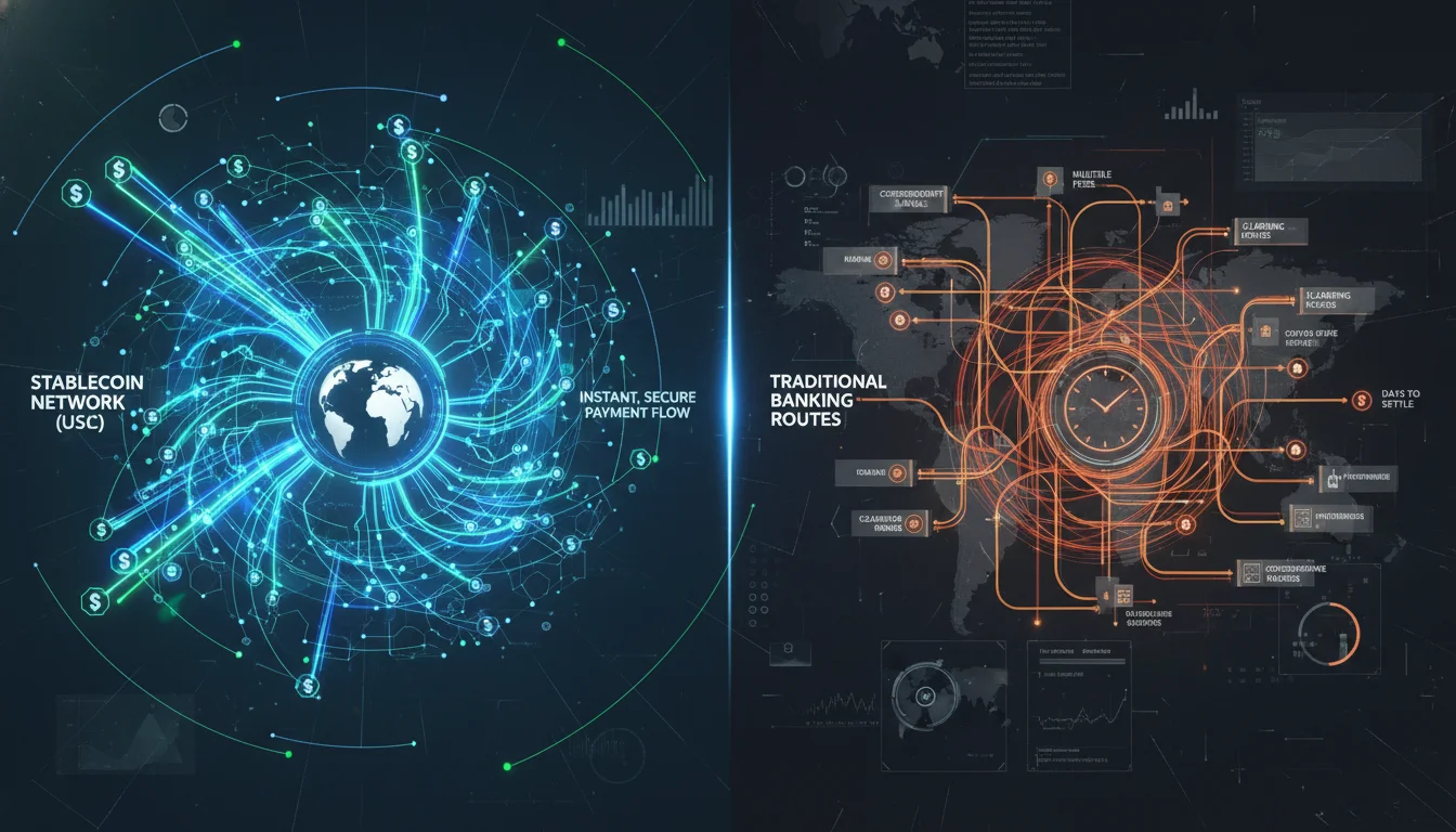 A dynamic digital visualization of cross-border financial transactions, showcasing fast, secure stablecoin (like USDC) payments flowing through blockchain networks, contrasted with slower, more complex traditional banking routes. Emphasize speed, efficiency, and global connectivity in a modern, tech-centric style.