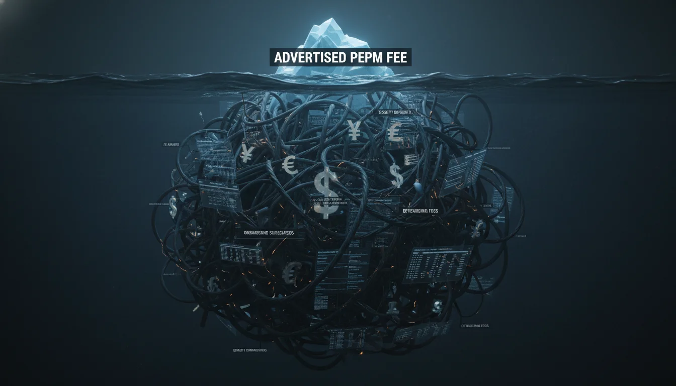 An iceberg illustration. The small visible tip above the water clearly labels 'Advertised PEPM Fee'. The large submerged part of the iceberg reveals tangled wires, complex spreadsheets, various currency symbols, and small labels like 'FX Markups', 'Security Deposits', 'Onboarding Surcharges', 'Offboarding Fees', 'Benefit Commissions', representing the hidden costs of EOR platforms. A dark, opaque, and complex visual.
