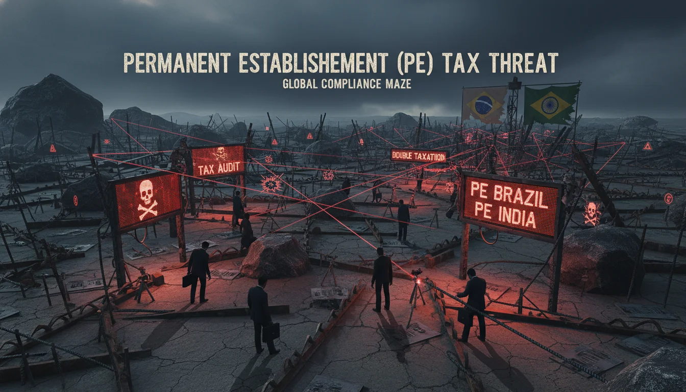 A daunting maze or minefield representing the 'Permanent Establishment (PE)' tax threat. Corporate figures (silhouettes) are hesitantly navigating it, with red warning signs and symbols for 'Tax Audit', 'Double Taxation', and country flags (Brazil, India) highlighting specific high-risk zones. The path is unclear and full of hidden traps, emphasizing the severe financial consequences. Analytical, slightly ominous tone.