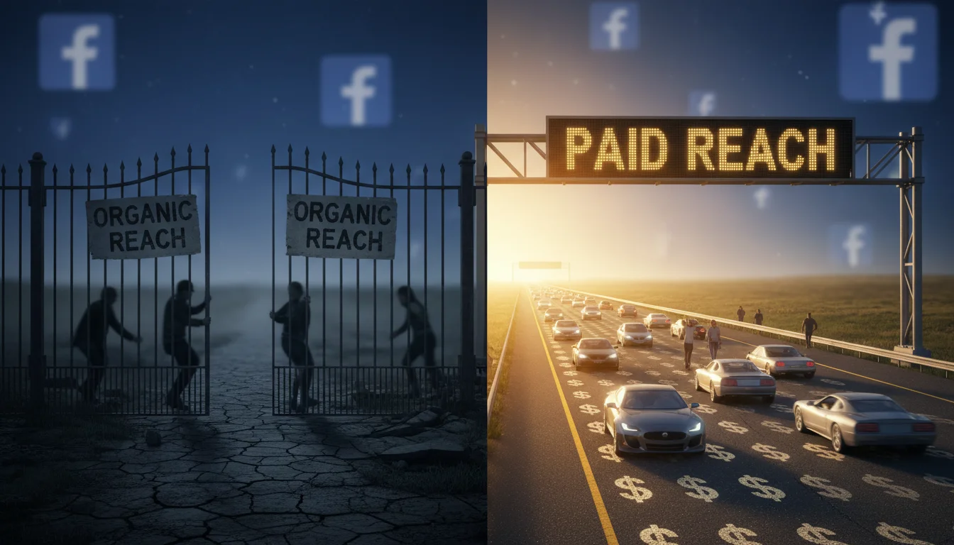 A stark visual representation of 'pay-to-play' on Facebook. On one side, a small, dimly lit, almost invisible gate labeled 'Organic Reach' with a few scattered people trying to get through. On the other side, a brightly lit, wide-open superhighway labeled 'Paid Reach' with a steady stream of vehicles and people, and dollar signs subtly embedded in the road. The 'Organic' side looks neglected, while the 'Paid' side is bustling and effective.