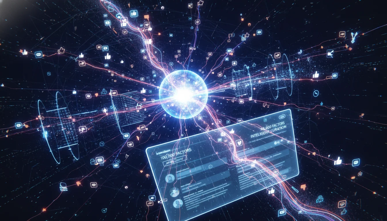 An intricate, glowing, abstract representation of Facebook's algorithmic engine. Visualize a complex web of interconnected data streams, nodes, and filtering mechanisms. Different types of algorithmic signals (represented by small, distinct icons like a 'like,' 'comment,' 'share,' and 'time spent' gauges) are flowing into a central, glowing processor. Some signals are amplified, while others are visibly diminished or filtered out, leading to a streamlined, highly curated user feed depicted on a stylized, transparent screen in the foreground. Convey the idea of 100,000 factors and intelligent curation.