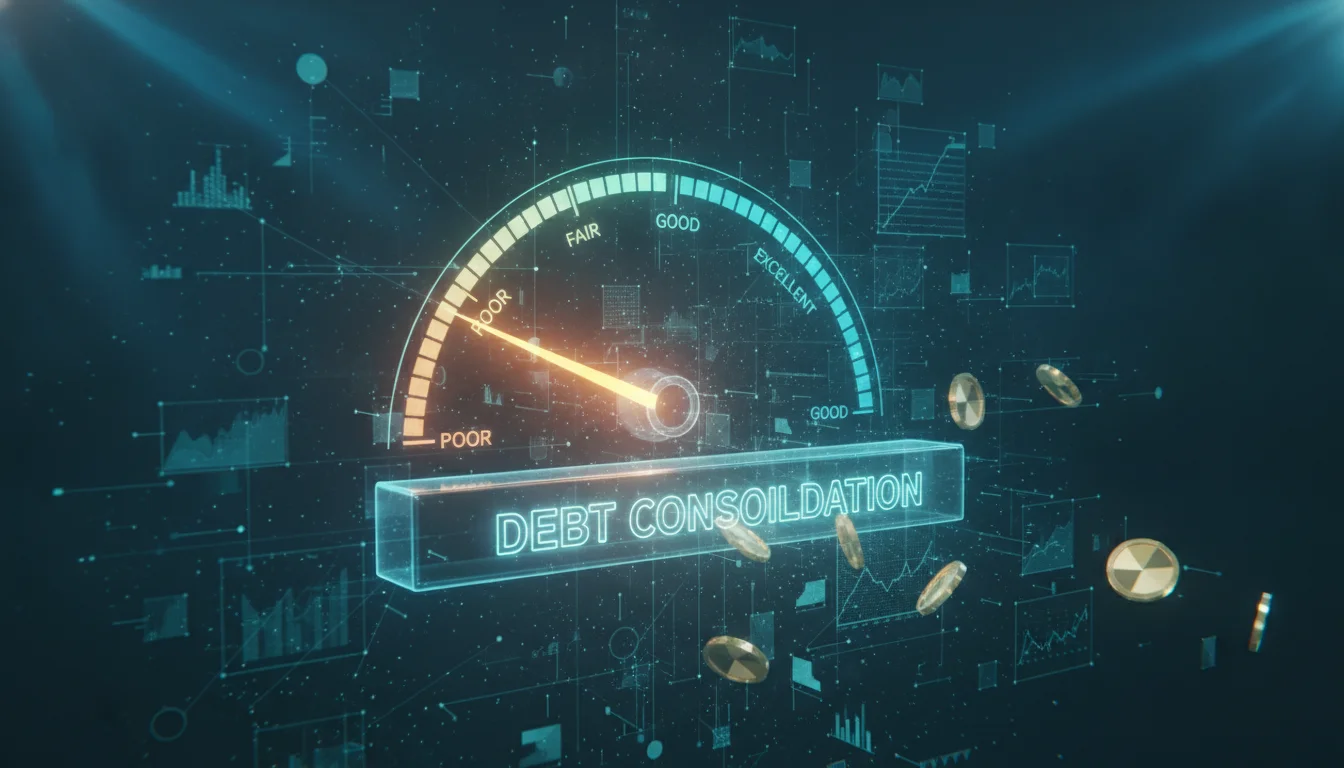 A professional 3D digital visualization of a glowing credit score gauge pointing to the 'Fair' zone, transitioning into a 'Good' zone. In the background, abstract financial data charts and stylized gold coins merge into a single solid bar, representing debt consolidation. High-tech blue and teal aesthetic, cinematic lighting, 8k resolution.