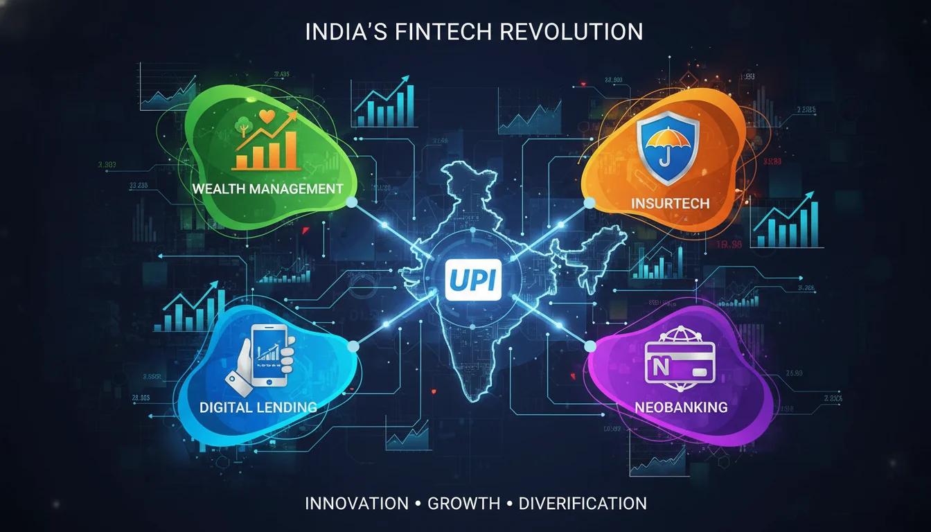 An illustrative image showing the diversification and growth of India's fintech sector. Visually represent various financial services like digital lending, wealth management, insurtech, and neobanking emerging from a central digital India map or UPI logo, with interconnected lines and growth charts indicating rapid expansion and innovation. Use modern, dynamic, and interconnected design elements.